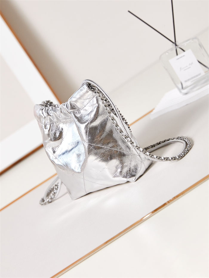Chanel 22 MINI HANDBAG Metallic Calfskin & Silver-Tone Metal Silver AS3980 A