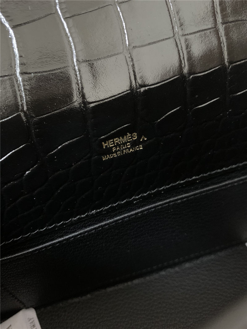 Hermes Kelly Pochette Bag Crocodile Silver/Gold Metal WAX Black High Customizing Style