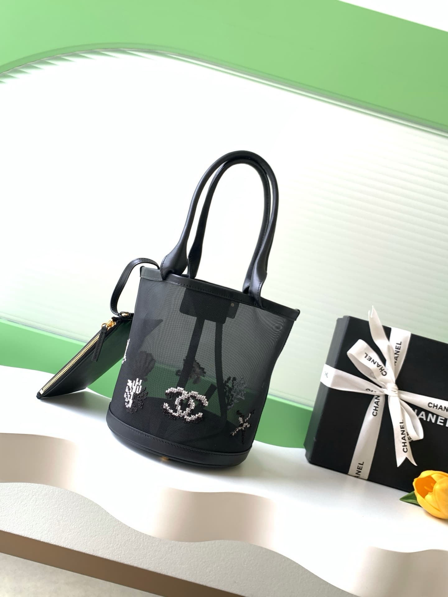 Chanel Coco Beach Large Bucket Bag Embroidered Mesh & Calfskin Transparent & Black AS6189 A
