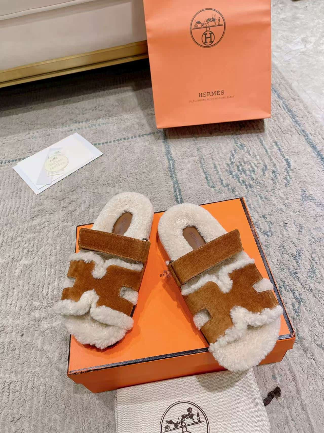 Hermes Chypre Sandals in Shearling and Suede Unisex