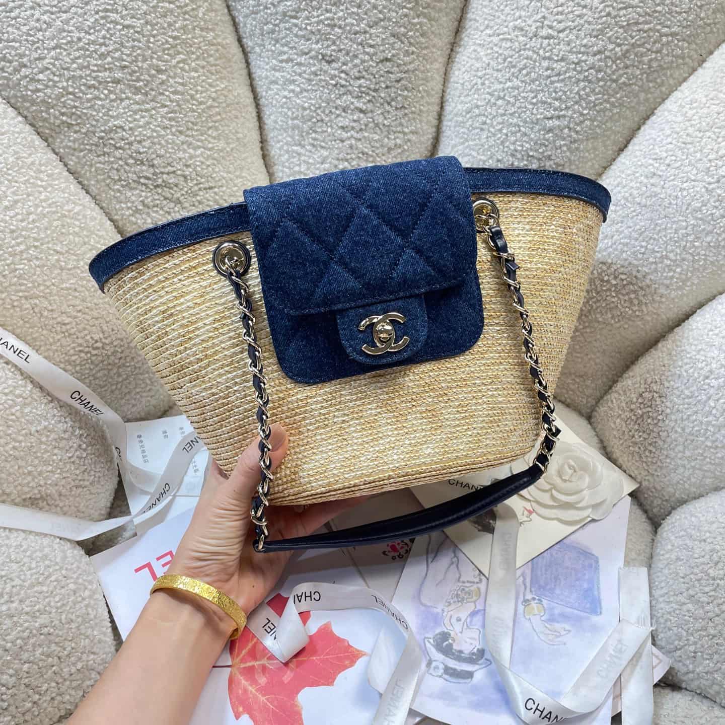 Chanel Coco Beach Small Shopping Bag Braided Straw & Gold-Tone Metal Beige & Blue AS5951 A