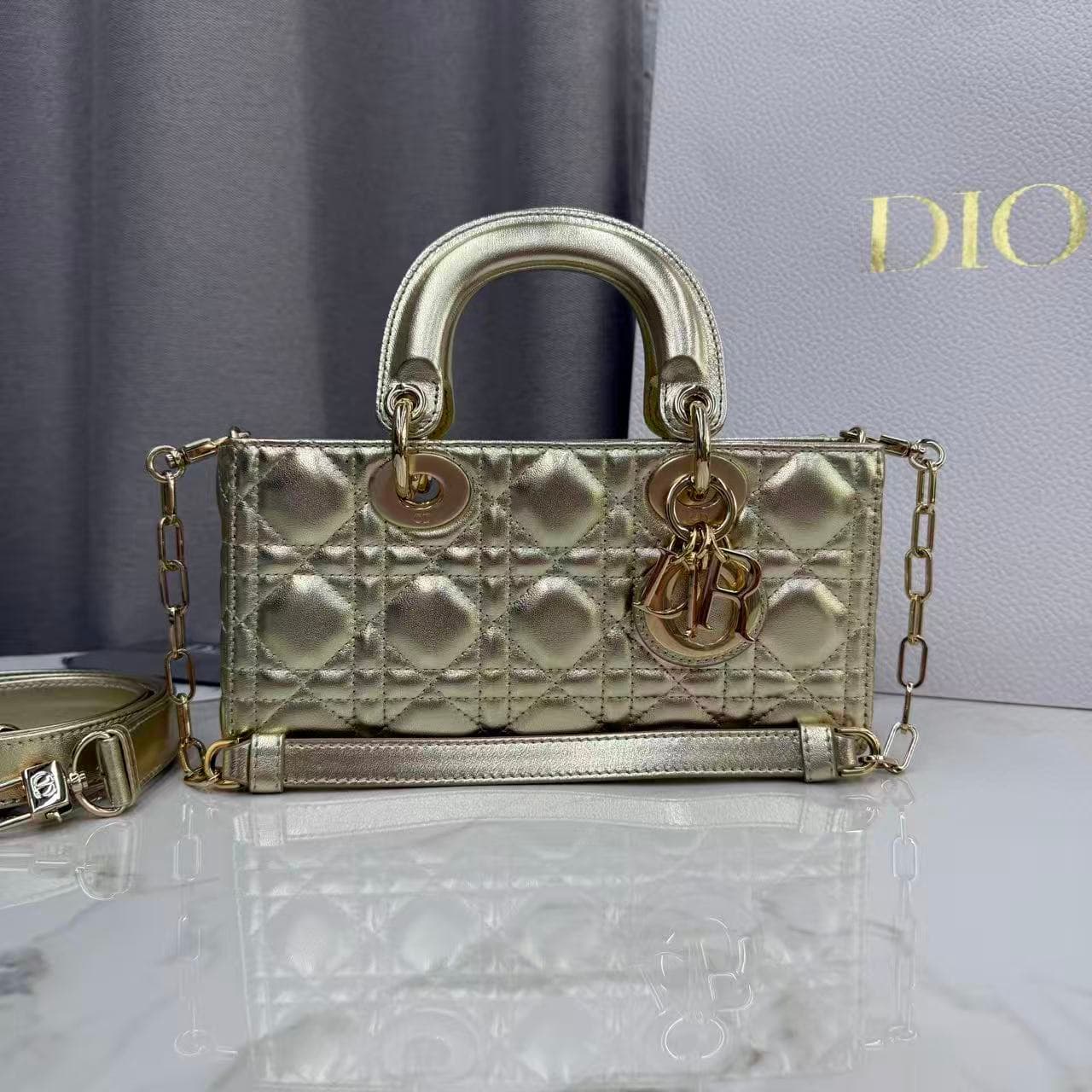 LADY D-JOY BAG SMALL Cannage Lambskin Gold High