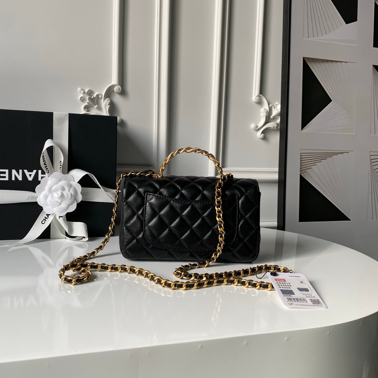 Chanel Mini Flap Bag with Top Handle Lambskin& Gold-tone Metal Black AS5813 A