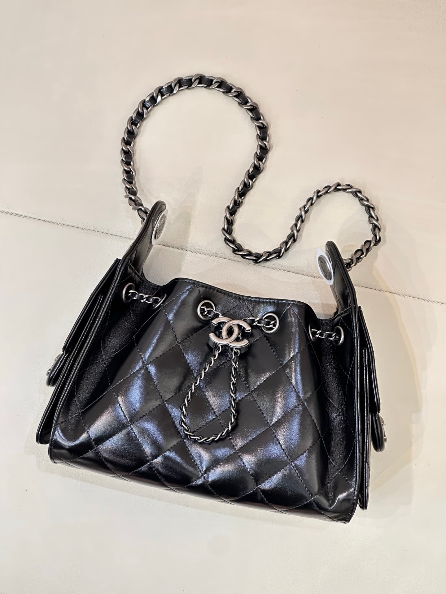 CHANEL 25 Mini Handbag AS5631 Shiny Calfskin & Silver-tone Metal Black TOP