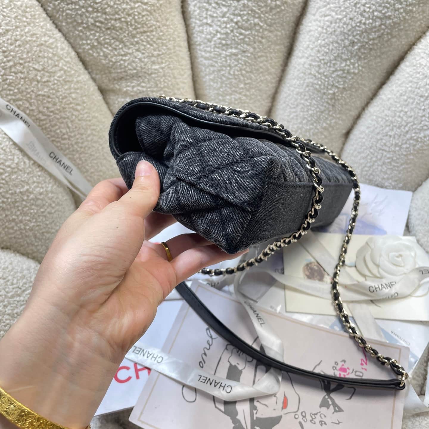 Chanel Maxi Flap Bag with Top Handle Washed Denim& Gold-Tone Metal AS6091 Black A
