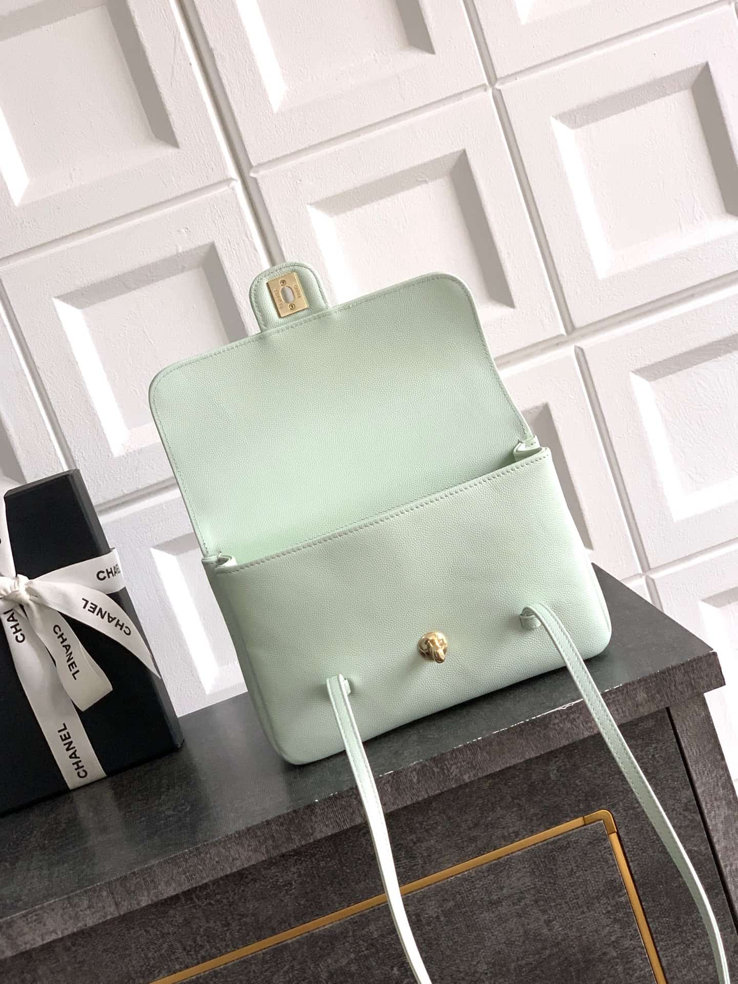 Chanel Clutch with Leather Strap Grained Shiny Calfskin & Gold-Tone Metal Light Green  5809 High