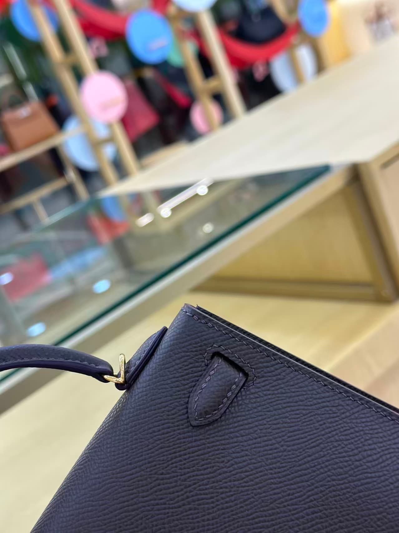 Hermes Kelly Mini II Bag Epsom Leather WAX Silver/Gold Metal Ebene High