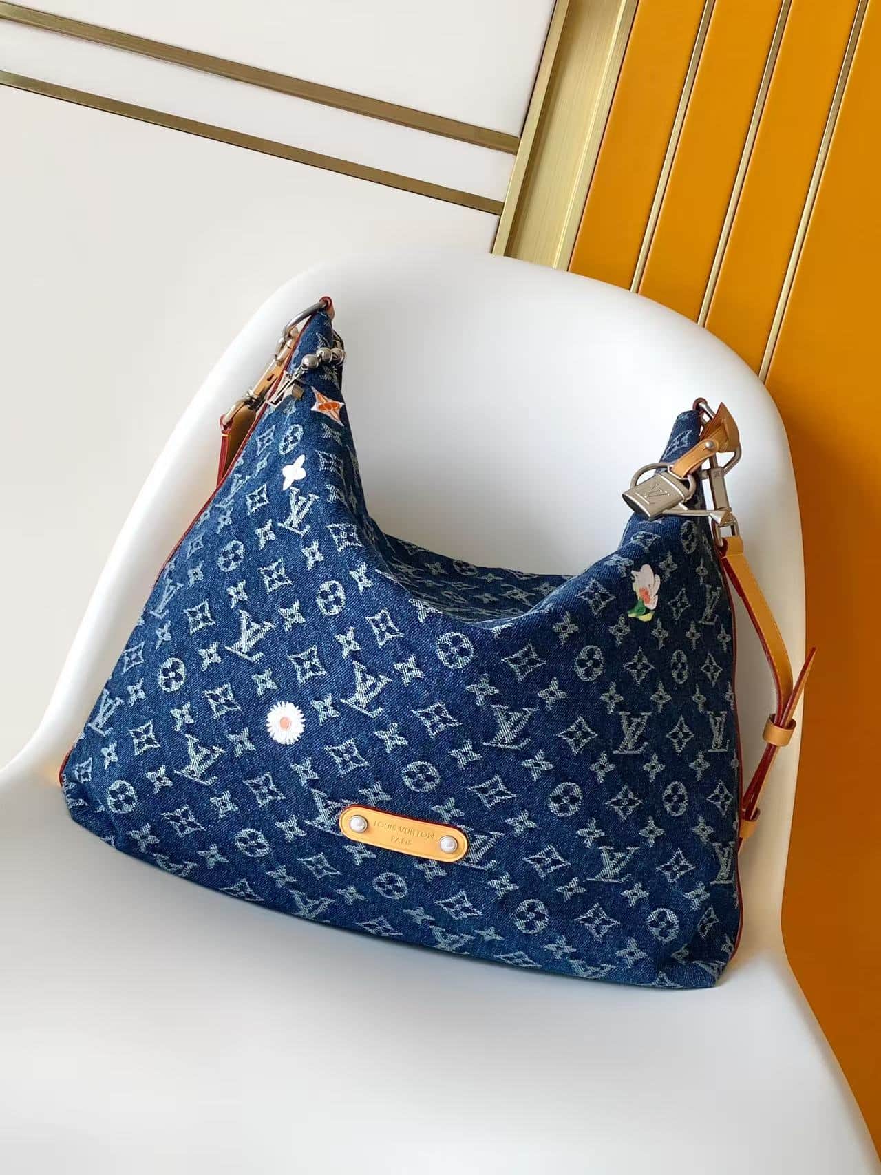 Louis Vuitton Vagabond Hobo Blue Monogram Flowers Denim M27555 High