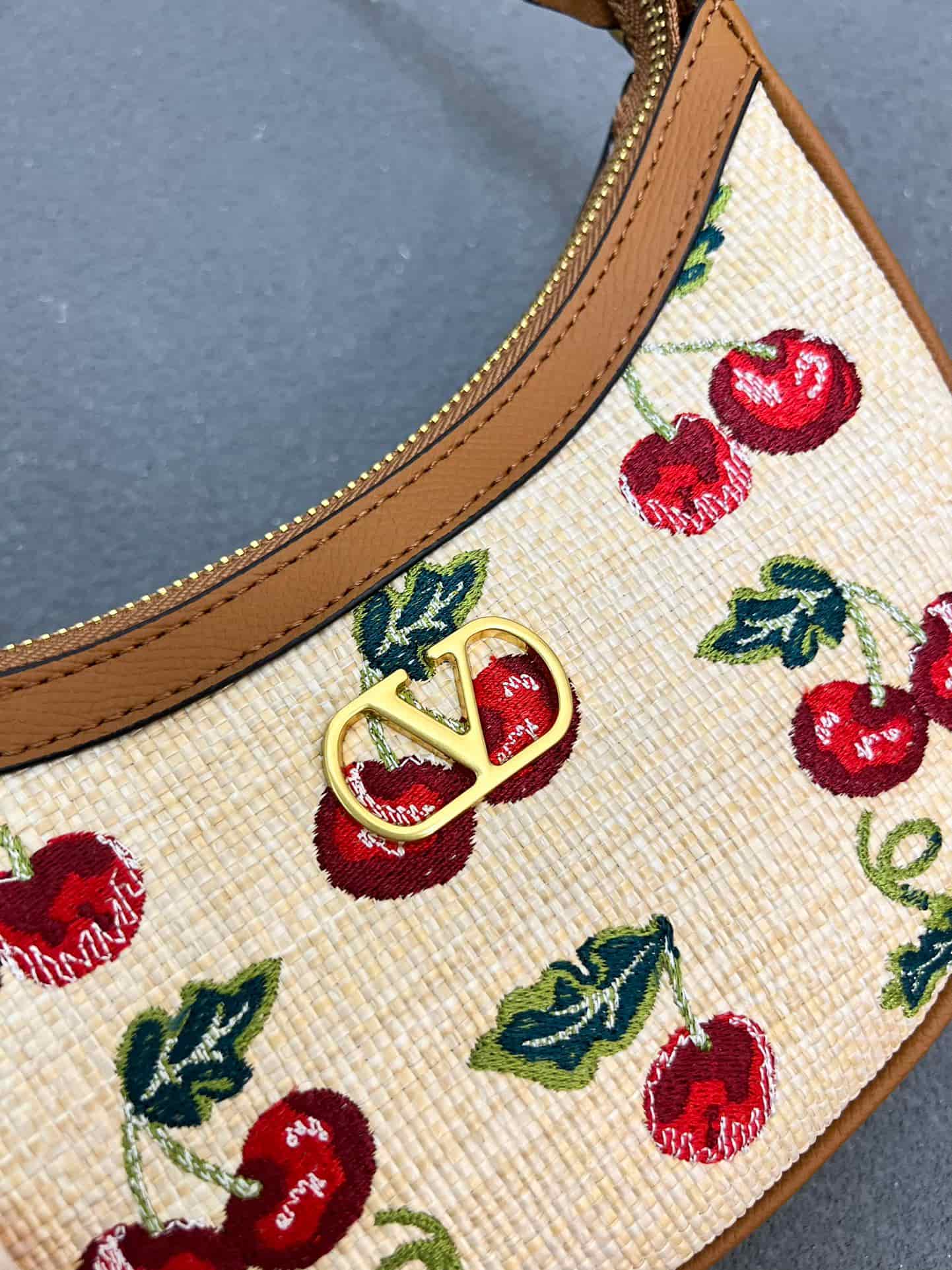 Valentino VLogo Signature Mini Hobo Bag In Jacquard Raffia With Cherryfic Pattern Mid