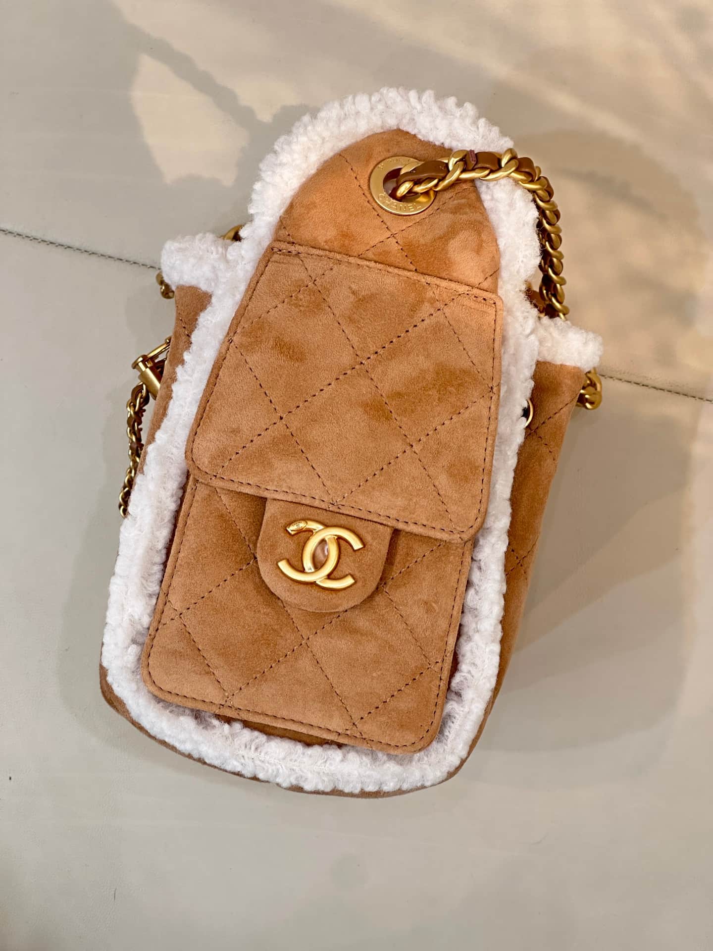 CHANEL 25 Mini Handbag AS5631 Suede &Shearling &Gold-tone Metal Beige TOP