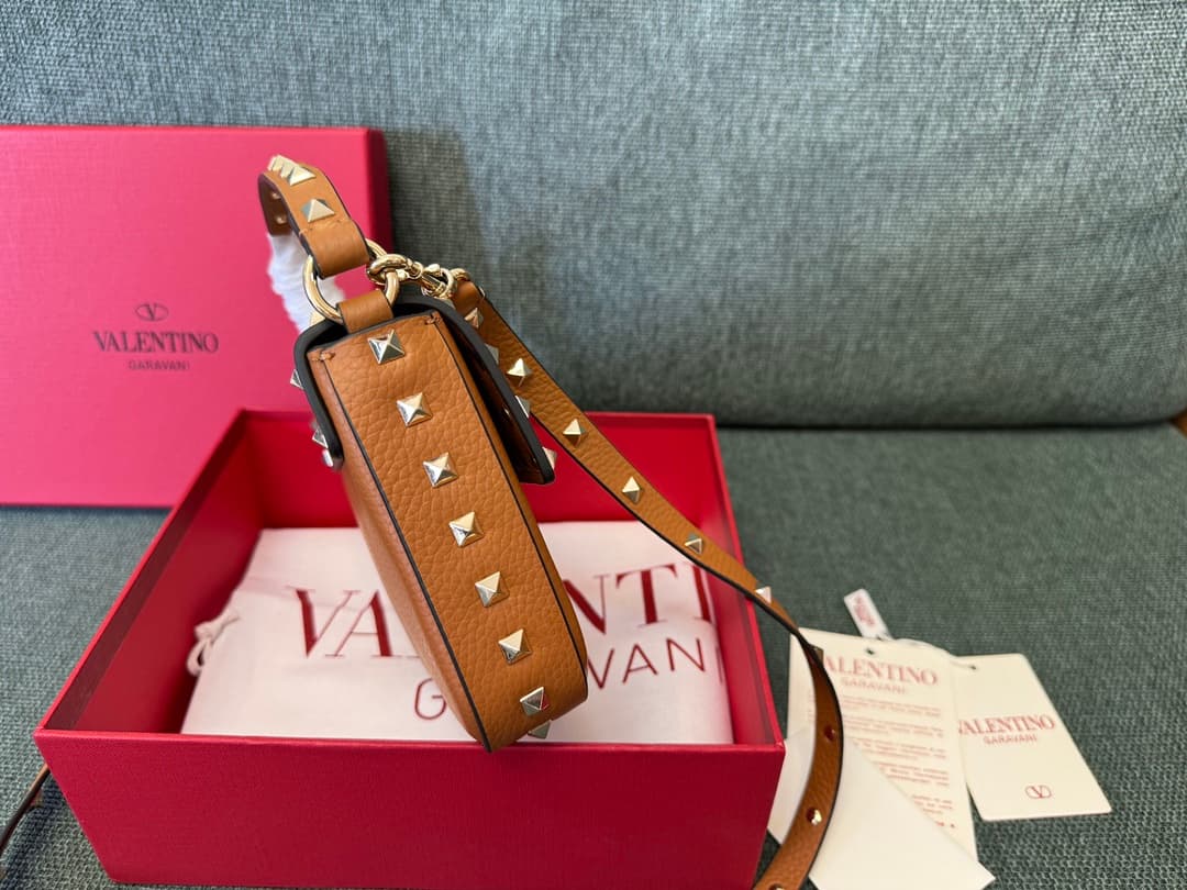 Valentino Garavani Mini Rockstud Grainy Leather Crossbody Bag in Caramel High