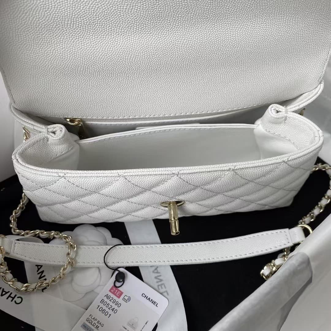 FLAP BAG WITH TOP HANDLE Grained Calfskin & Gold-Tone Metal A92990 White A
