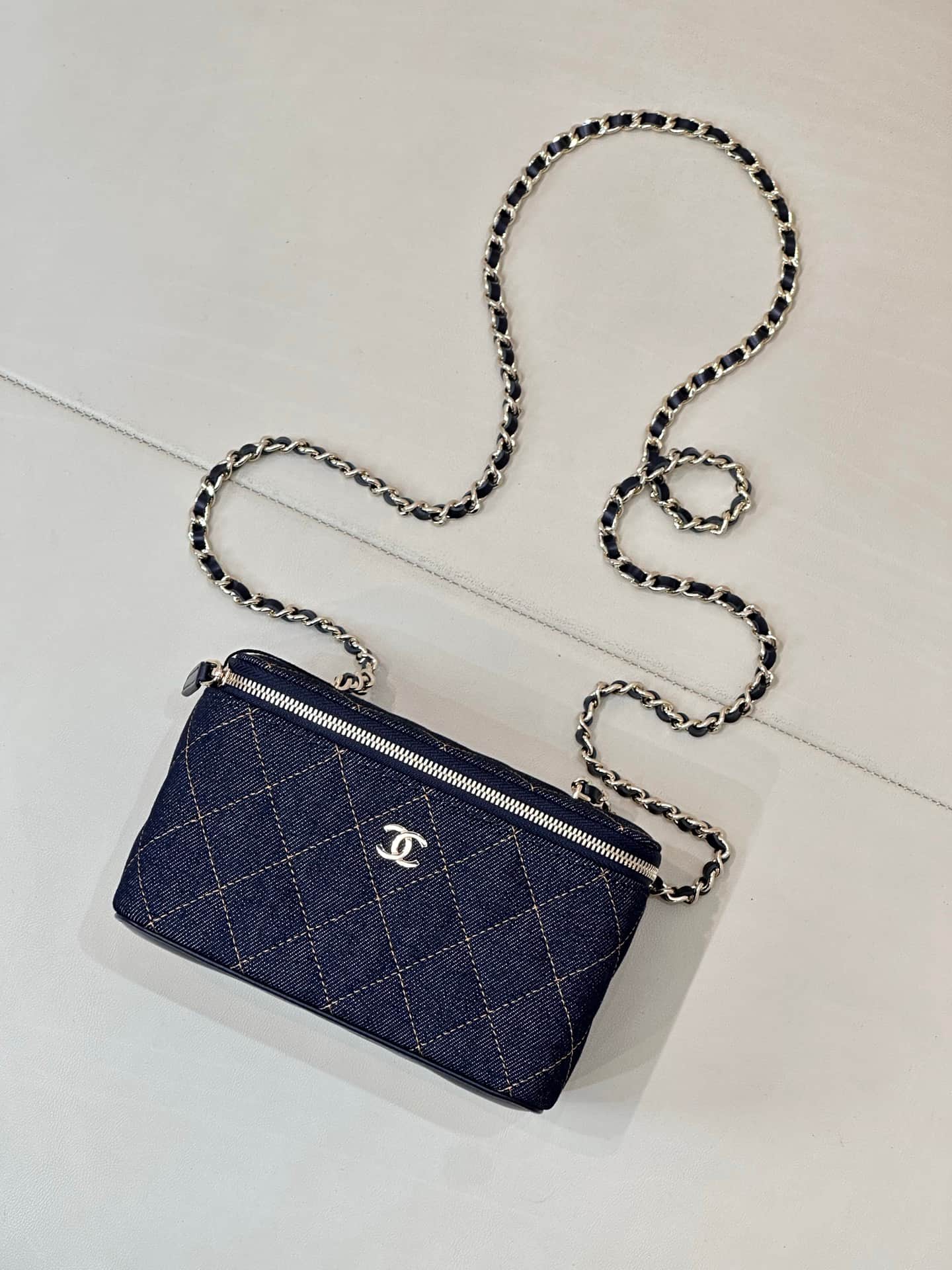 Chanel Classic Long Vanity with Chain  Denim & Gold-Tone Metal Dark Blue AP1341 TOP