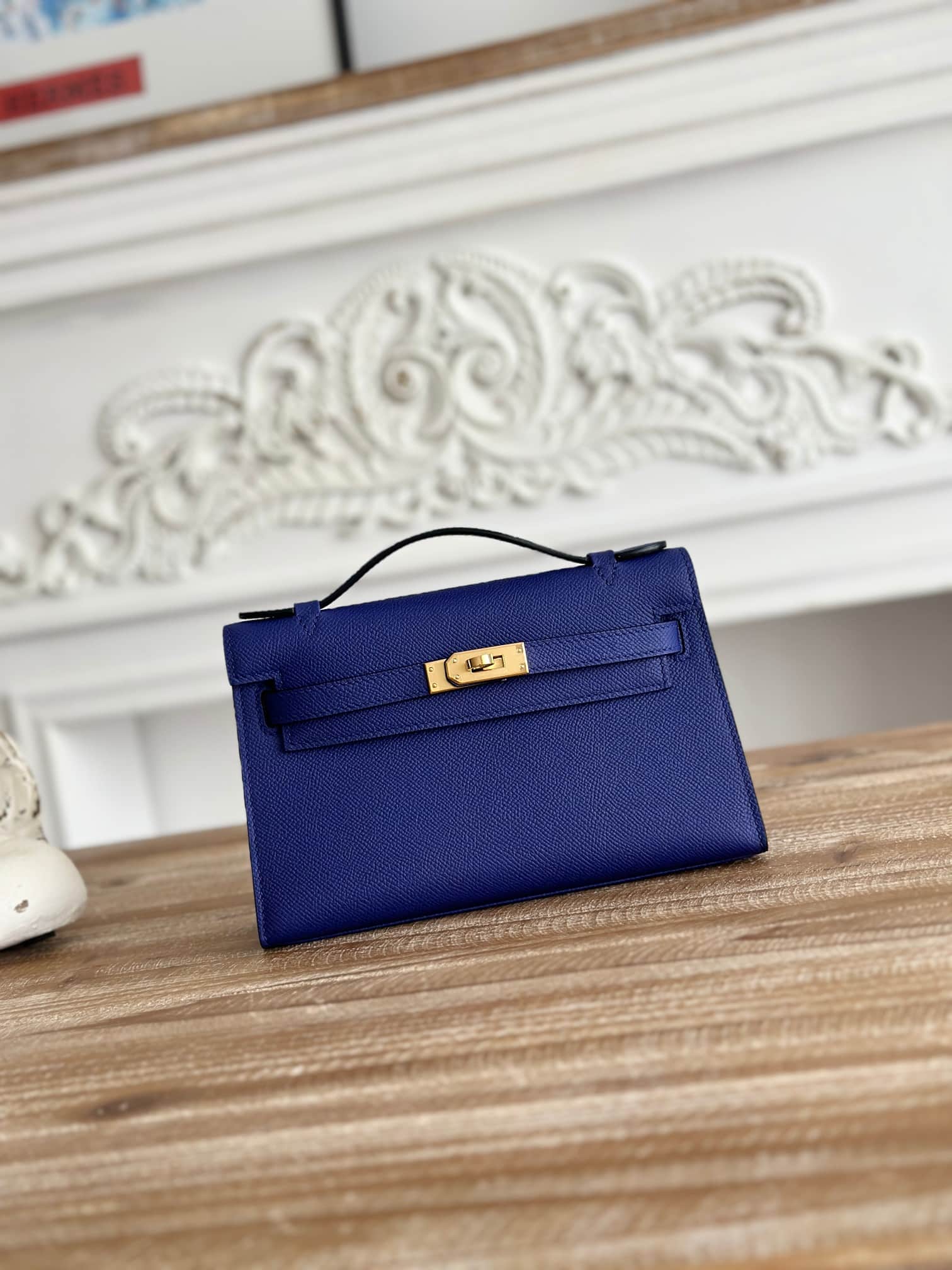 Hermes Kelly Pochette Bag Epsom Leather Silver/Gold Metal Bleu Electric WAX High