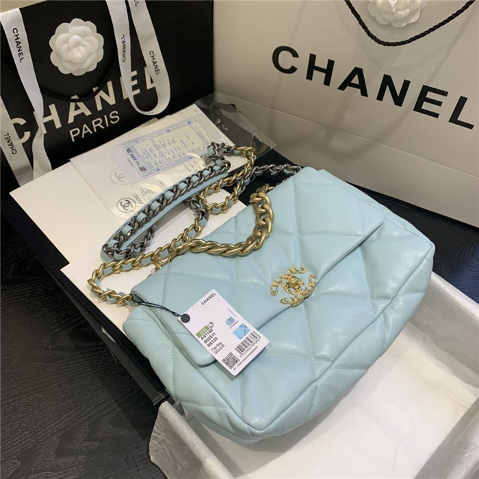 Large Chanel 19 Flap Bag Lambskin Light Blue High