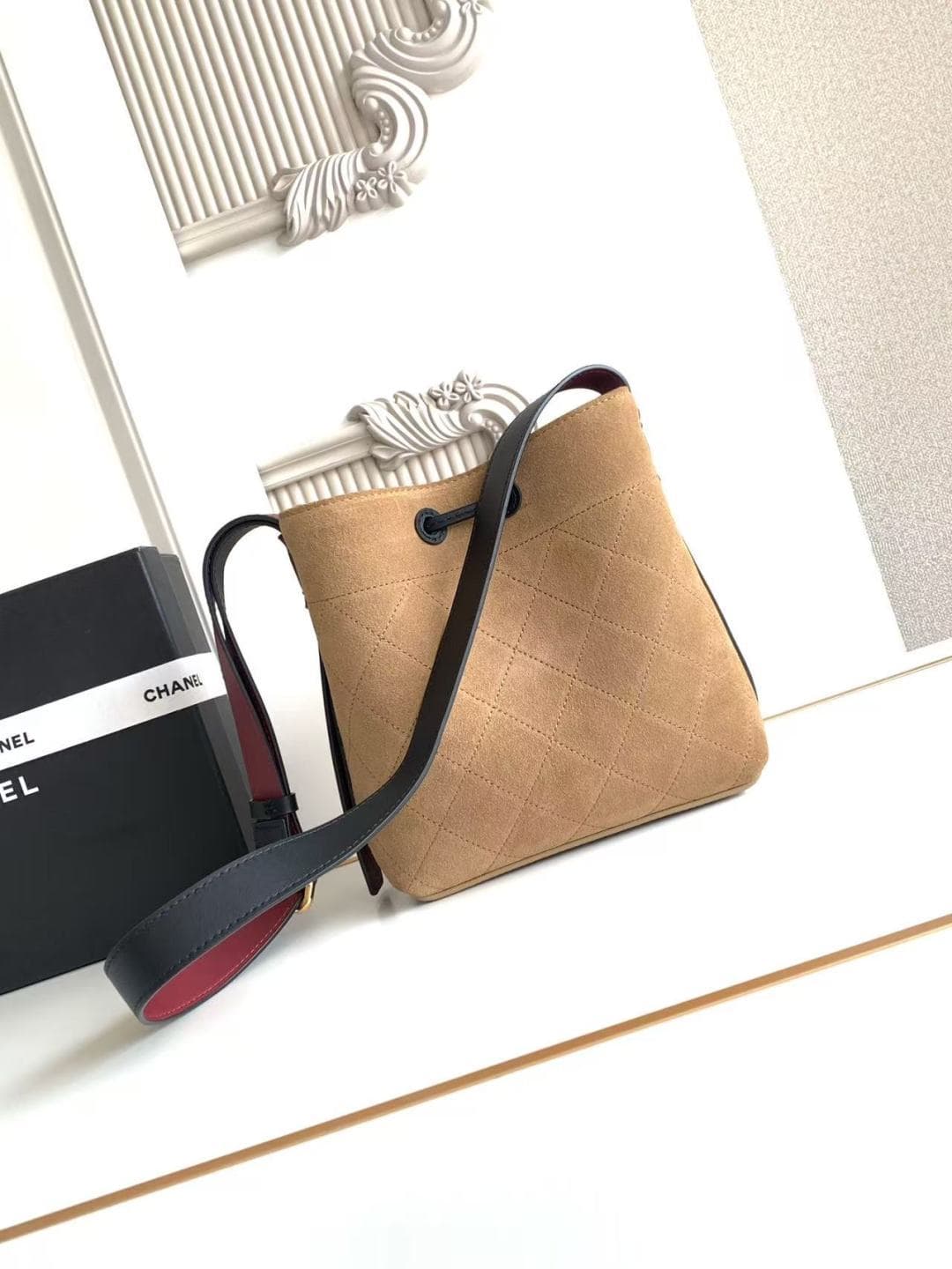 Chanel Small Bucket Bag Suede Calfskin & Gold-Tone Metal Dark Beige AS6537 A