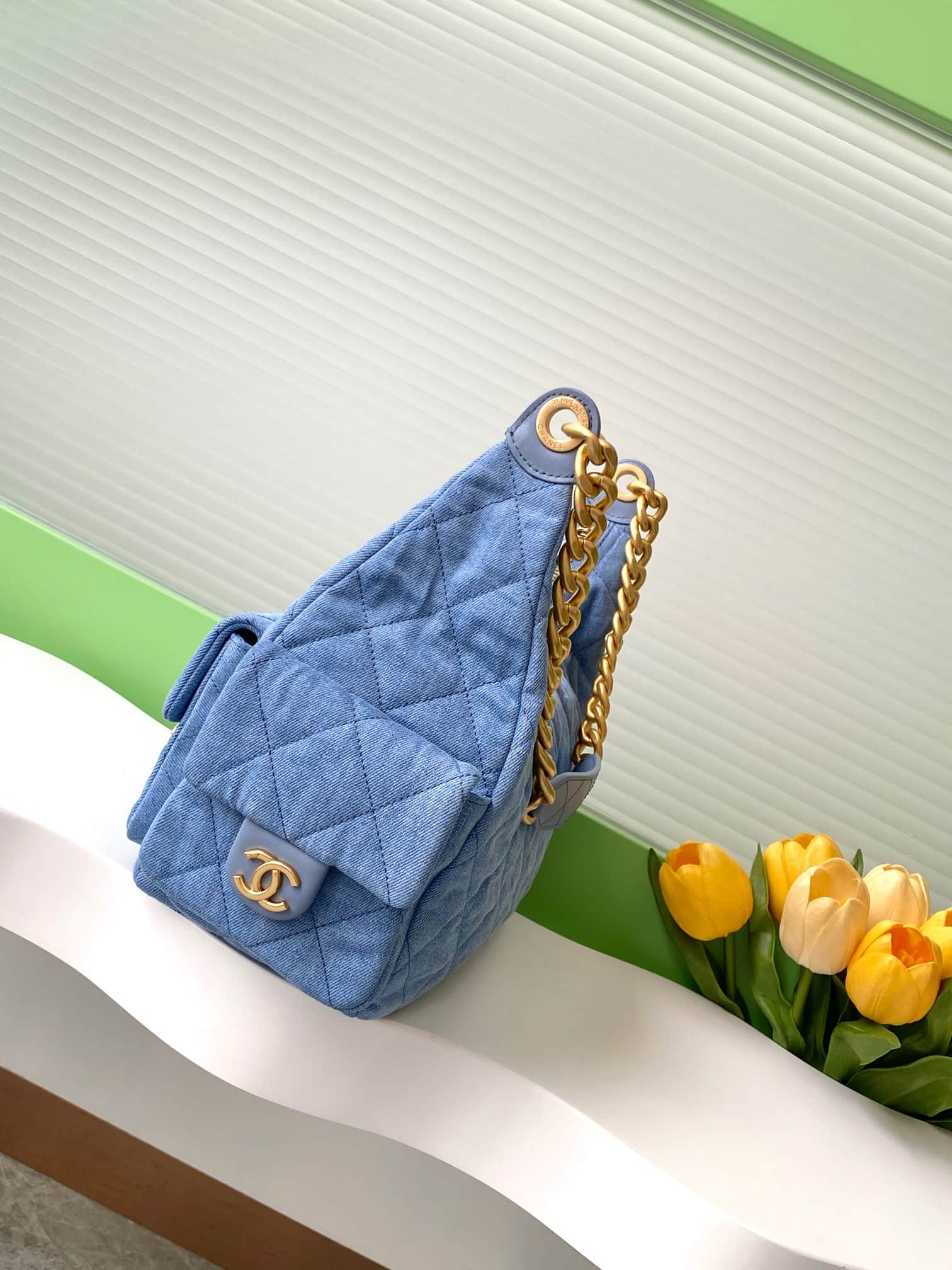 Chanel Trendy Pockets Hobo Bag Denim & Gold Metal Blue AS5302 A
