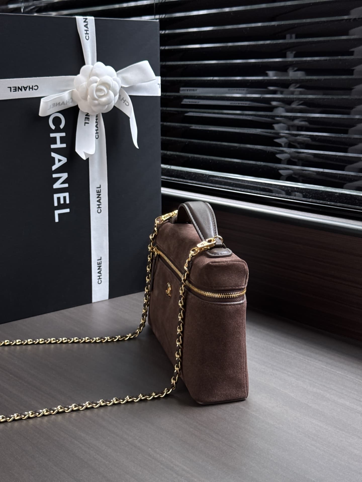 Chanel Large Vanity with Chain Suede Calfskin & Gold Metal Dark Brown AP5347 A