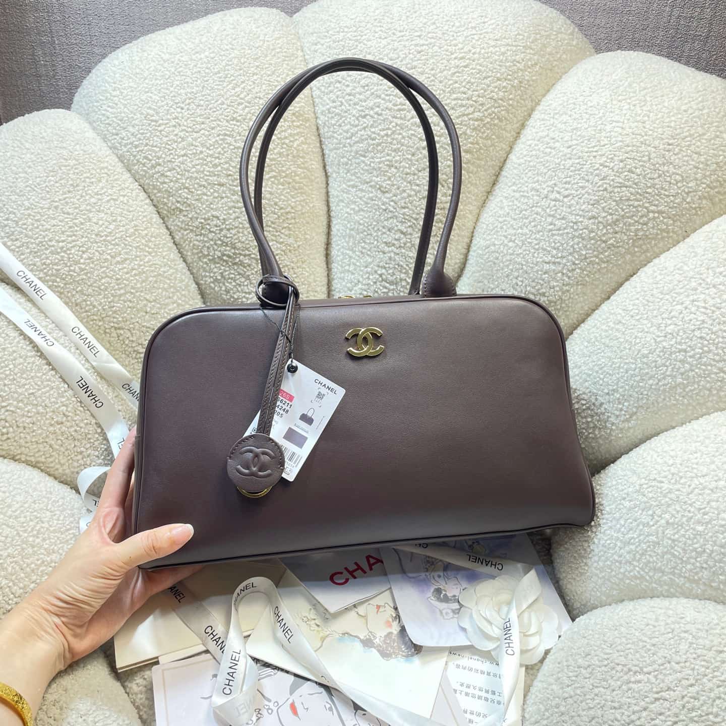 Chanel Maxi Bowling Bag Calfskin & Gold-Tone Metal Dark Brown AS6211 A