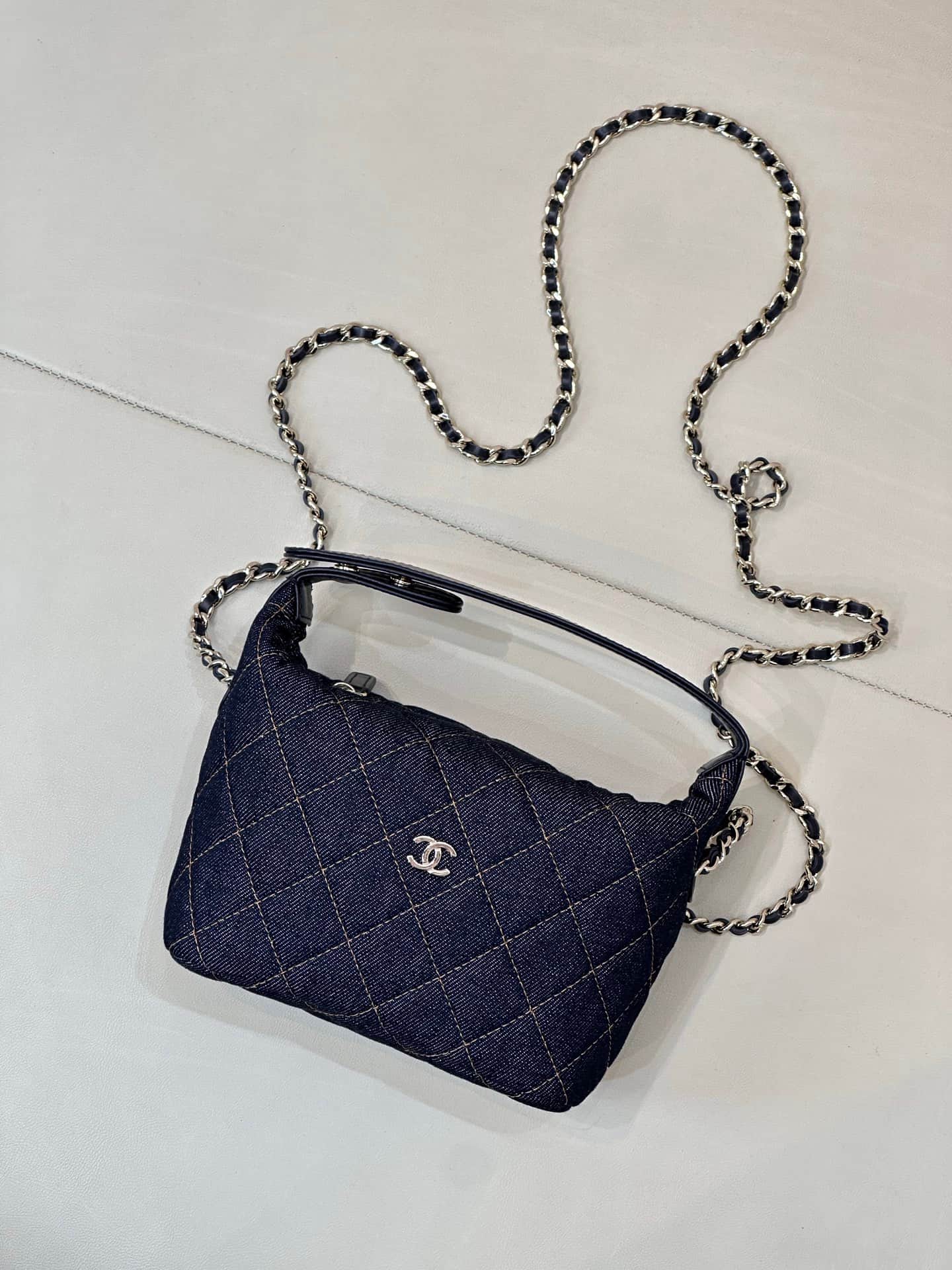 Chanel Hobo Clutch With Chain Denim & Gold-tone Metal Blue AP4386 TOP
