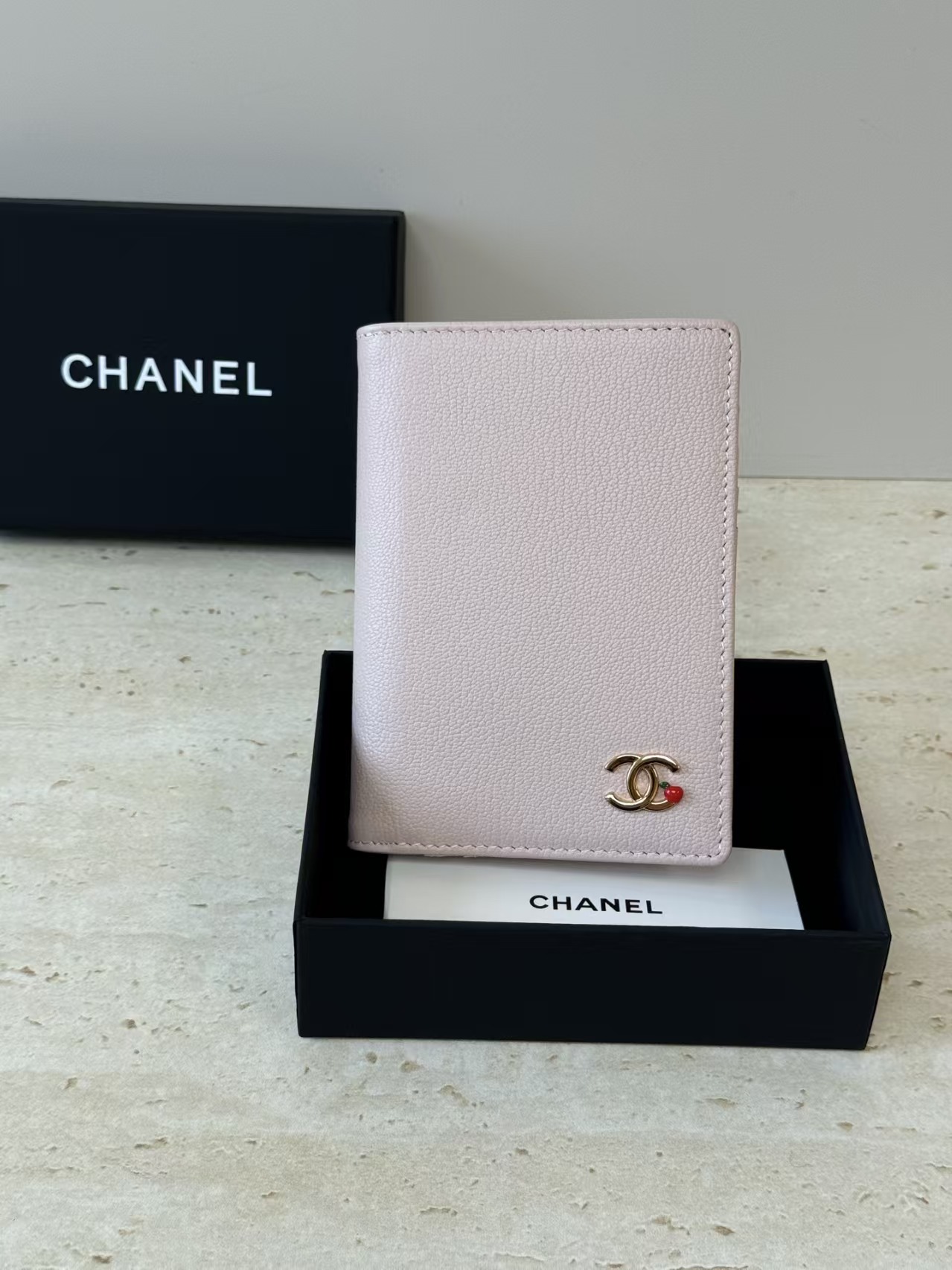 Chanel Passport Holder Grained Goatskin, Enamel & Gold-Tone Metal Light Pink AP5303 A