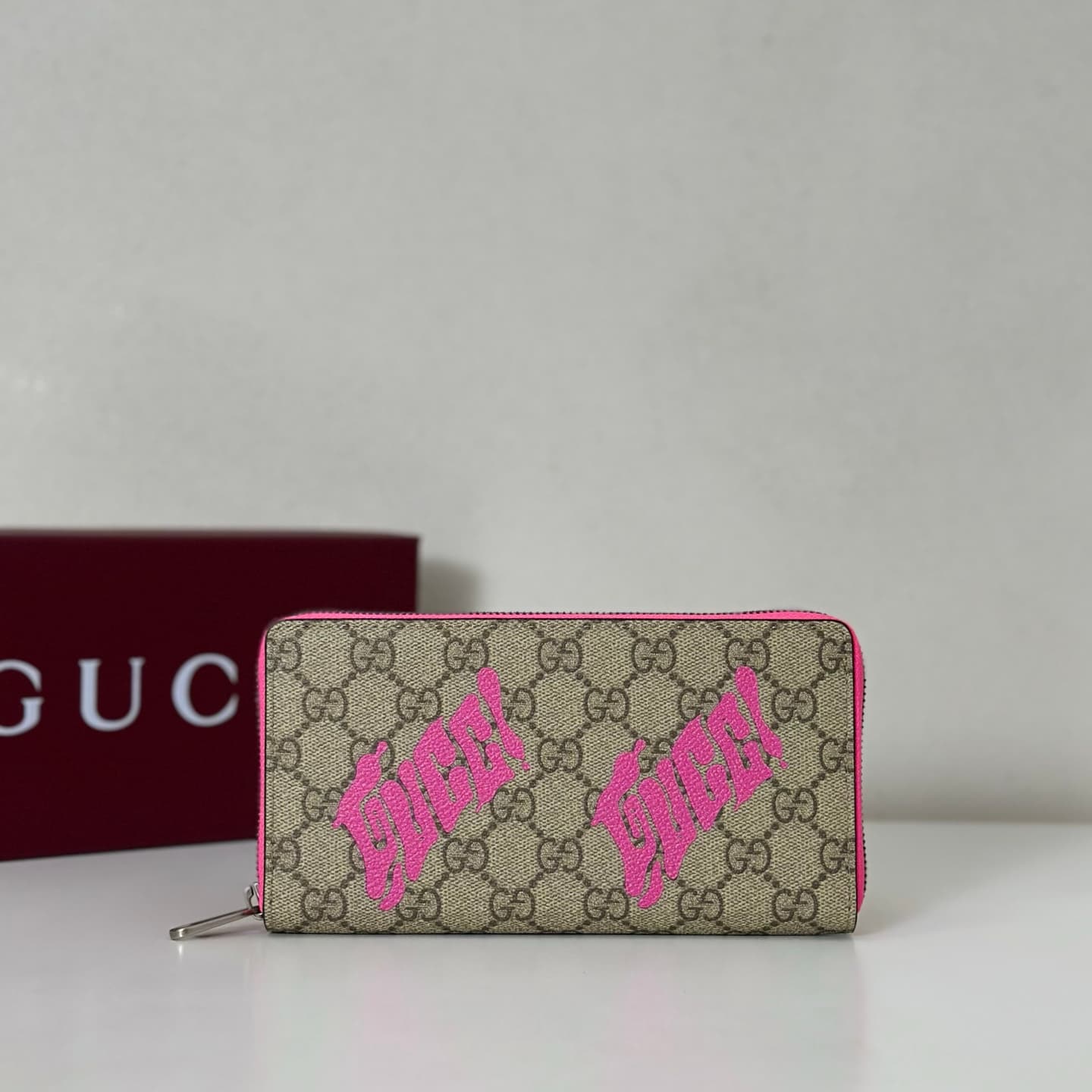 Gucci Bi-color GG Monogram zip around wallet with Bright pink print 835324 High