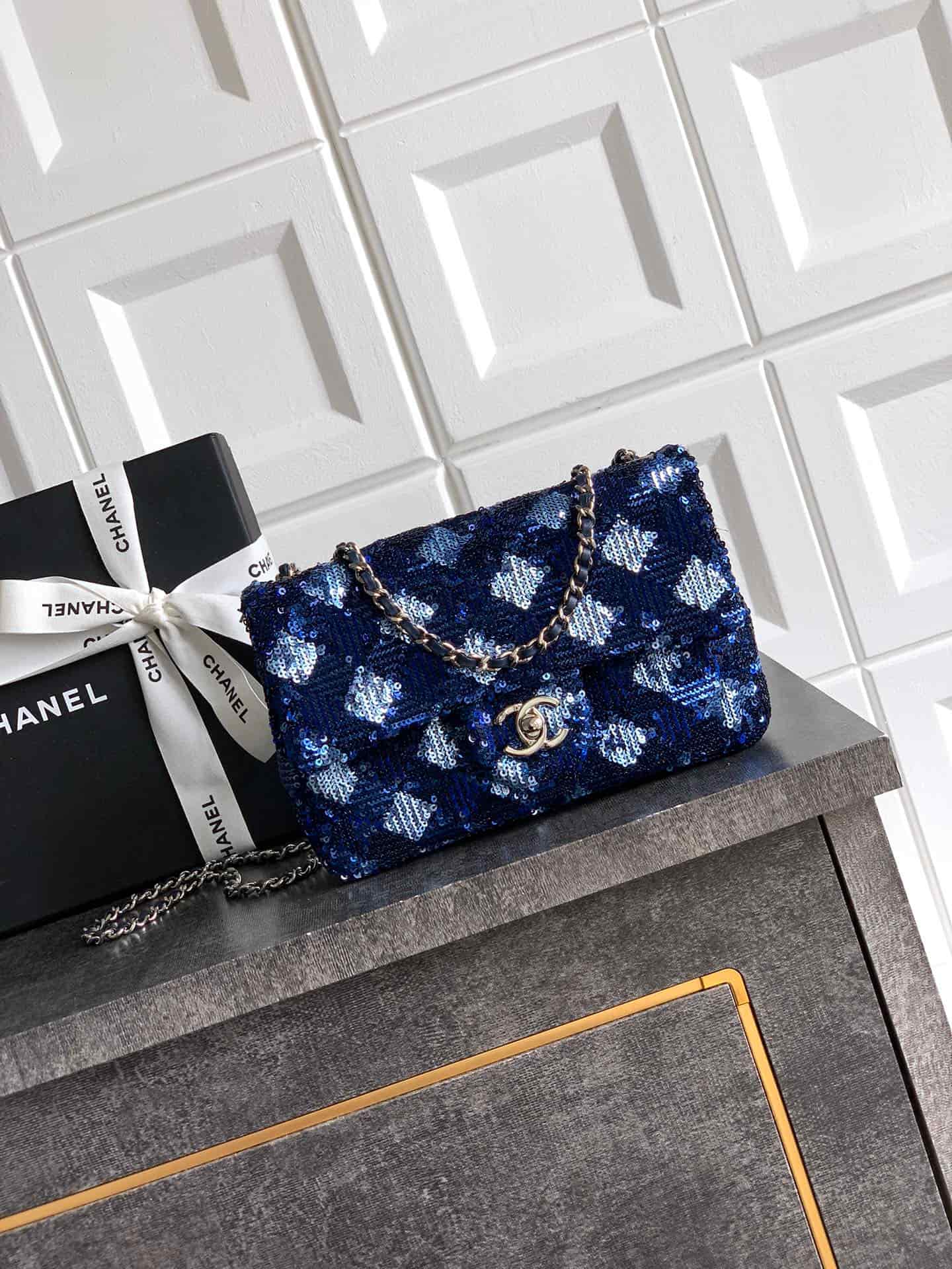 Chanel Classic Mini Flap Bag Sequins Embroidery & Gold-Tone Metal Blue 6171 A