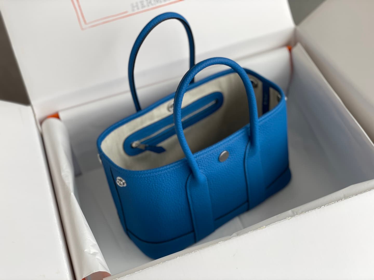 Hermes Garden Party 23 bag in Blue Hydra Togo Leather WAX High