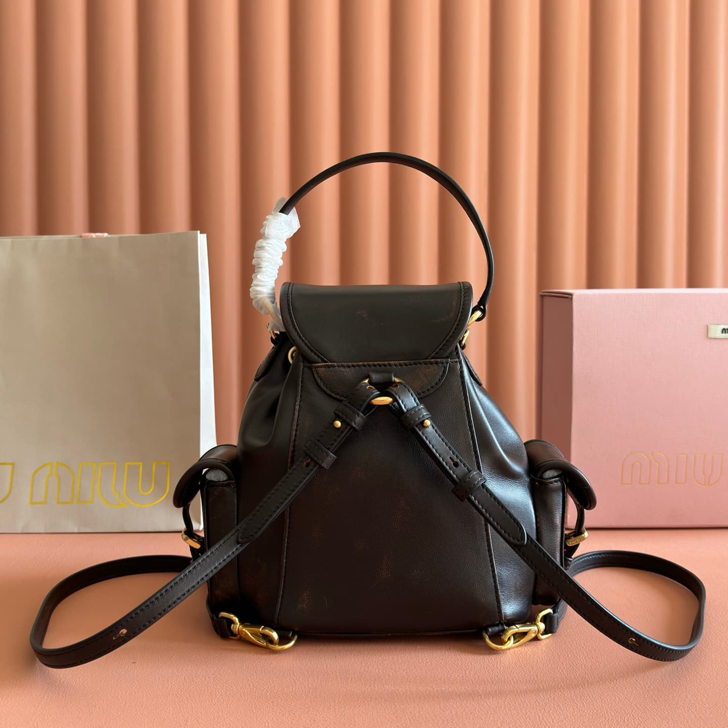 Miu Miu Leather backpack Coffee Calfskin 5BZ043  TOP