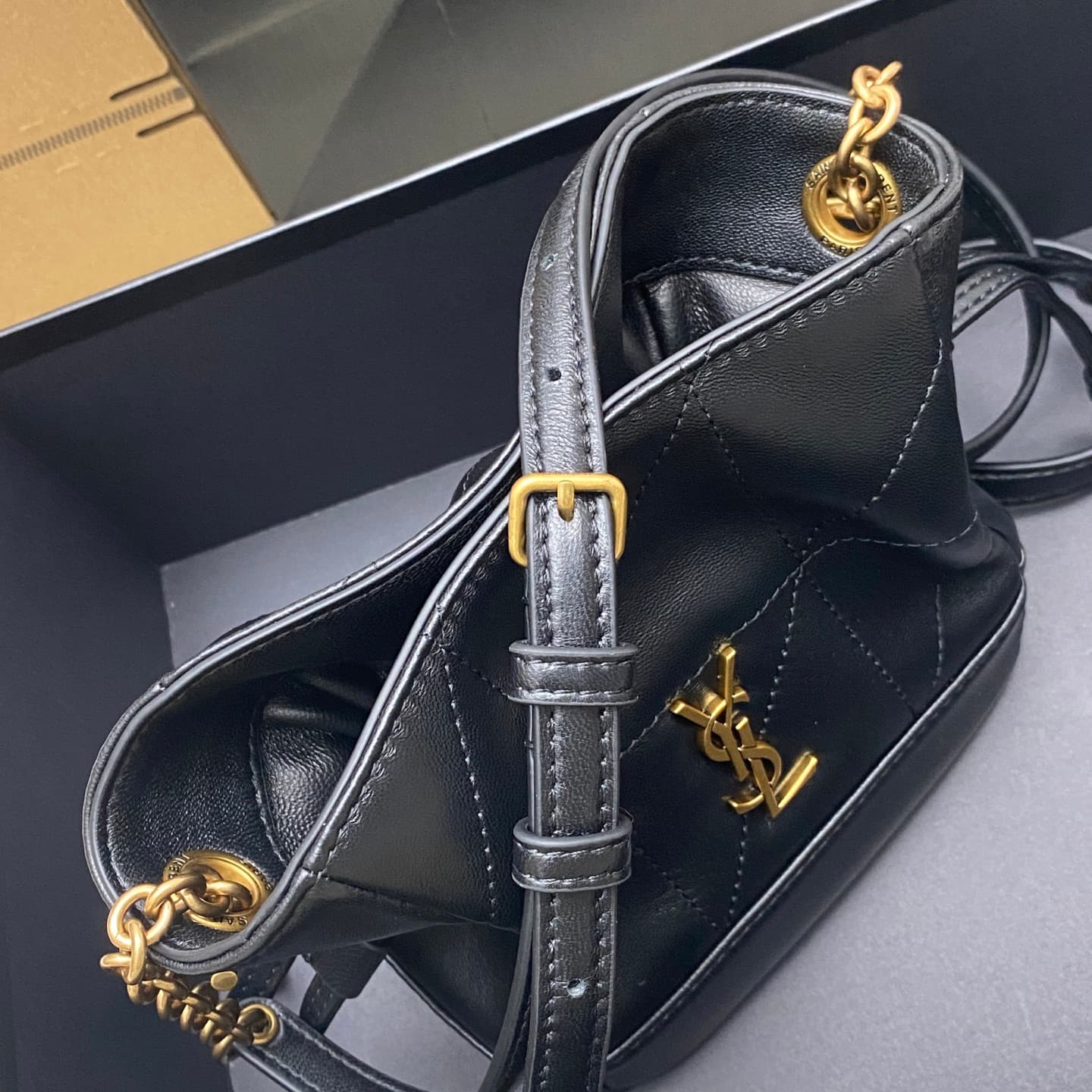 Saint Laurent Jamie Mini Leather Bucket Bag Black Lambskin 859174 High