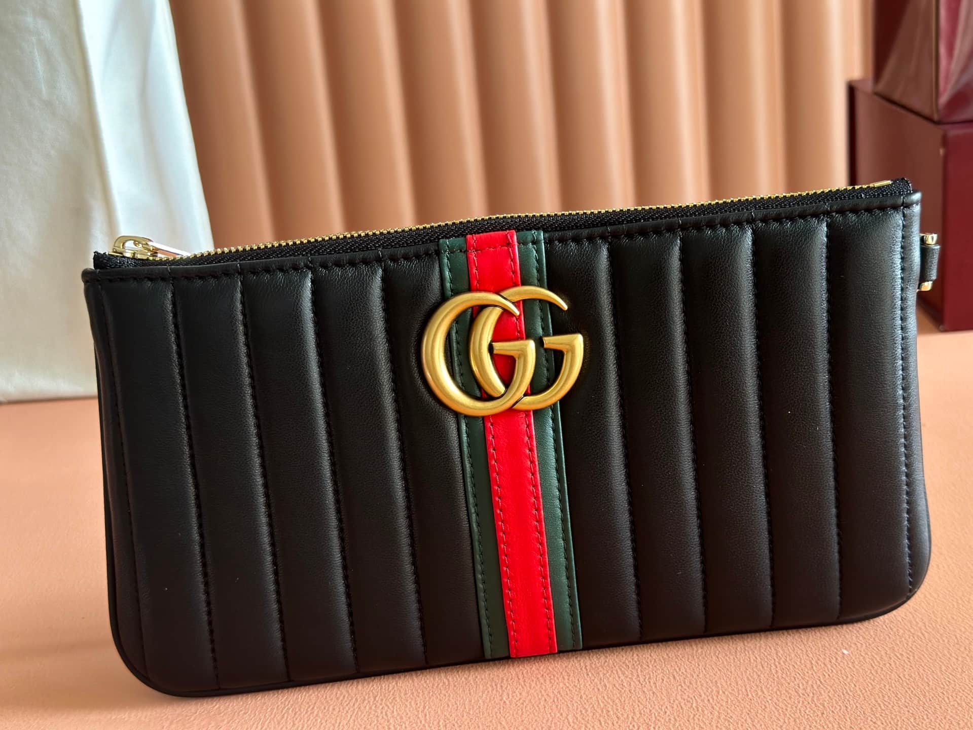 Gucci GG Marmont pouch with strap Black vertical matelassé nappa leather A006X2 High