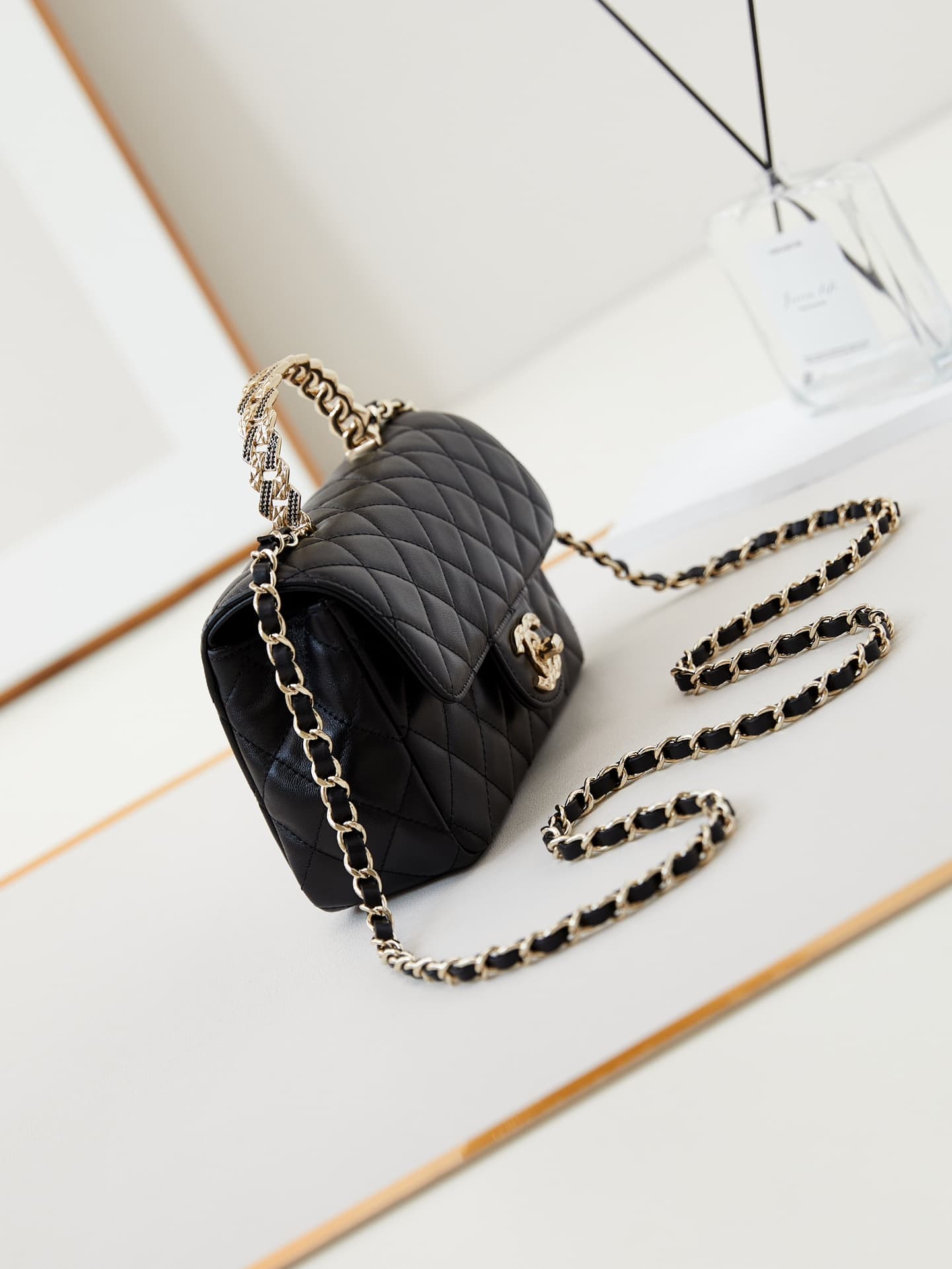 Chanel Mini Flap Bag with Top Handle Lambskin& Gold-Tone Metal Black AS4924 A