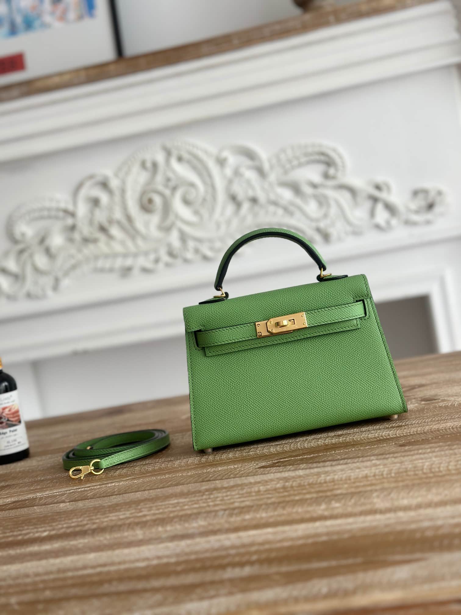 Hermes Kelly Mini II Bag Epsom Leather WAX Silver/Gold Metal Vert Criquet High
