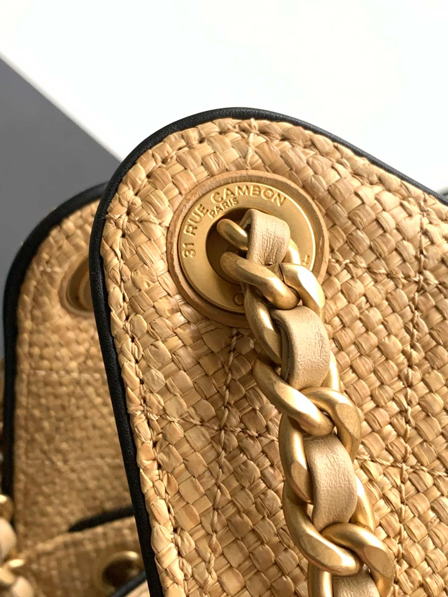Chanel 25 Small Hobo handbag AS5293 Braided Raffia-Effect Canvas Calfskin & Gold-Tone Metal Black&Beige  A