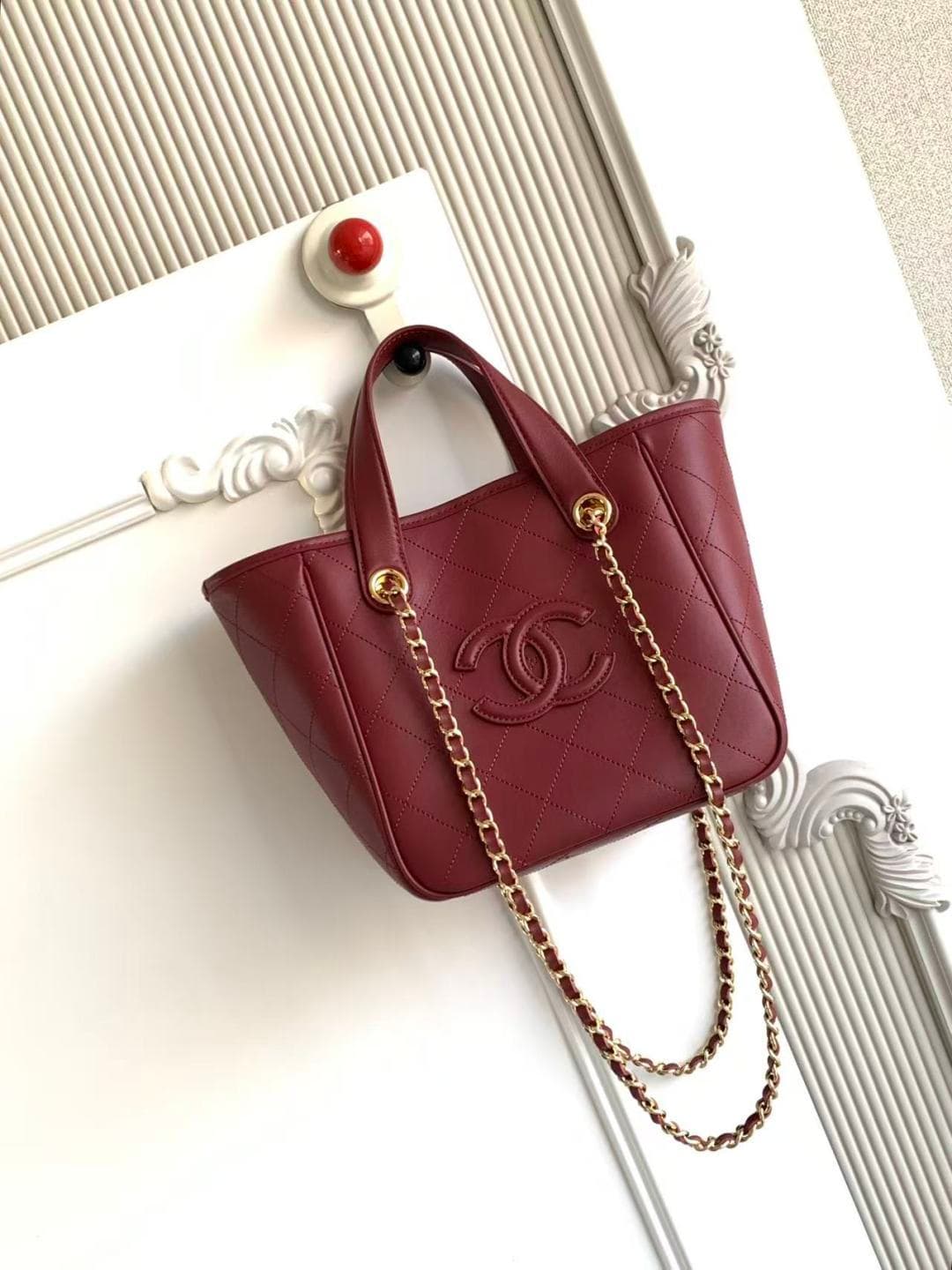 Chanel Mini Shopper Bag Calfskin and Gold-tone Metal Red AS6199 A