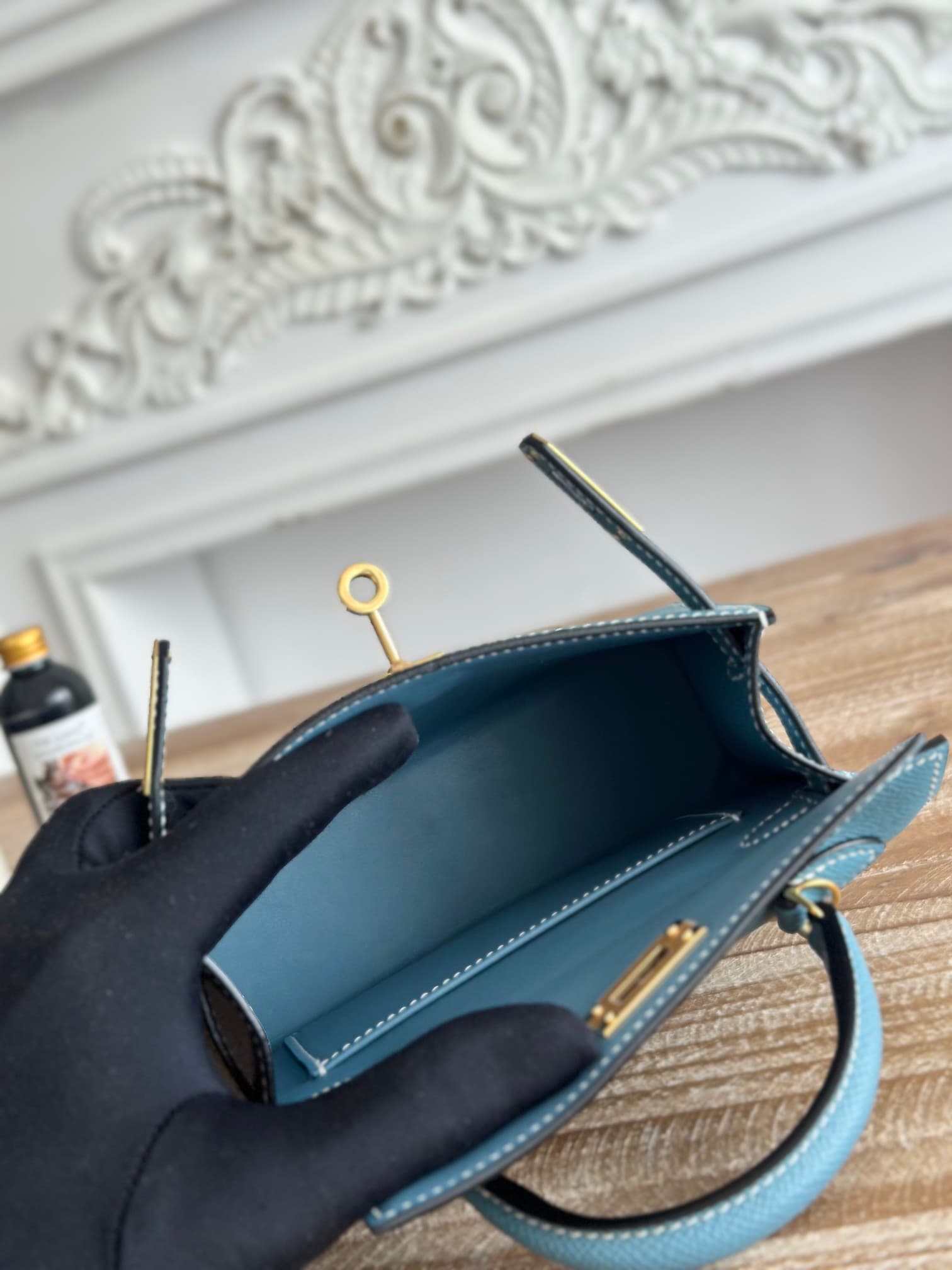 Hermes Kelly Mini II Bag Epsom Leather WAX Bleu Jean High