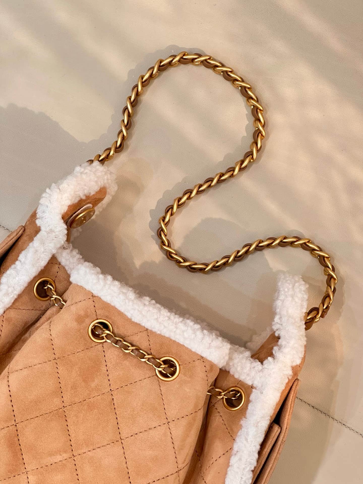 CHANEL 25 Mini Handbag AS5631 Suede &Shearling &Gold-tone Metal Beige TOP
