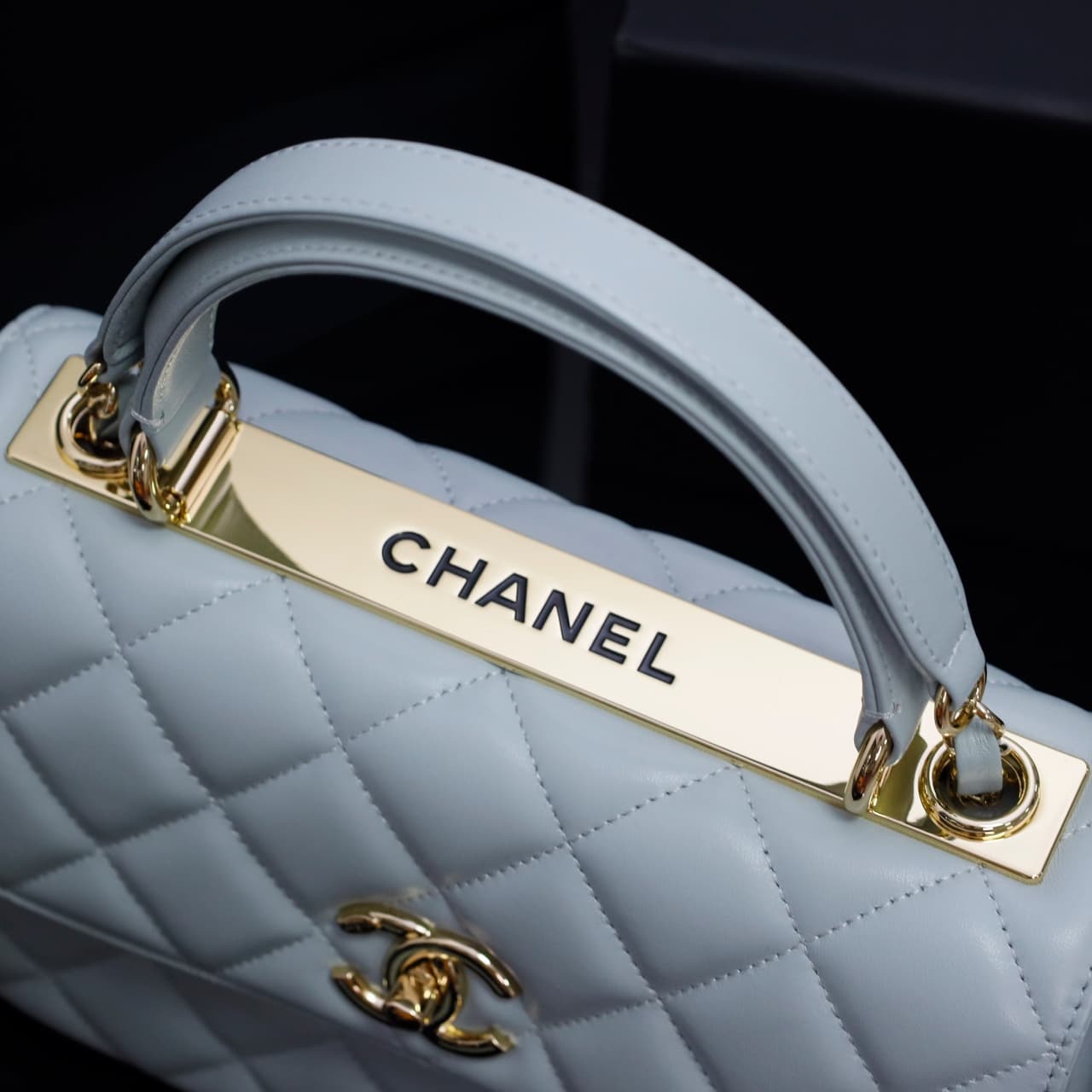 SMALL FLAP BAG WITH TOP HANDLE Lambskin Gold Metal Light Blue A