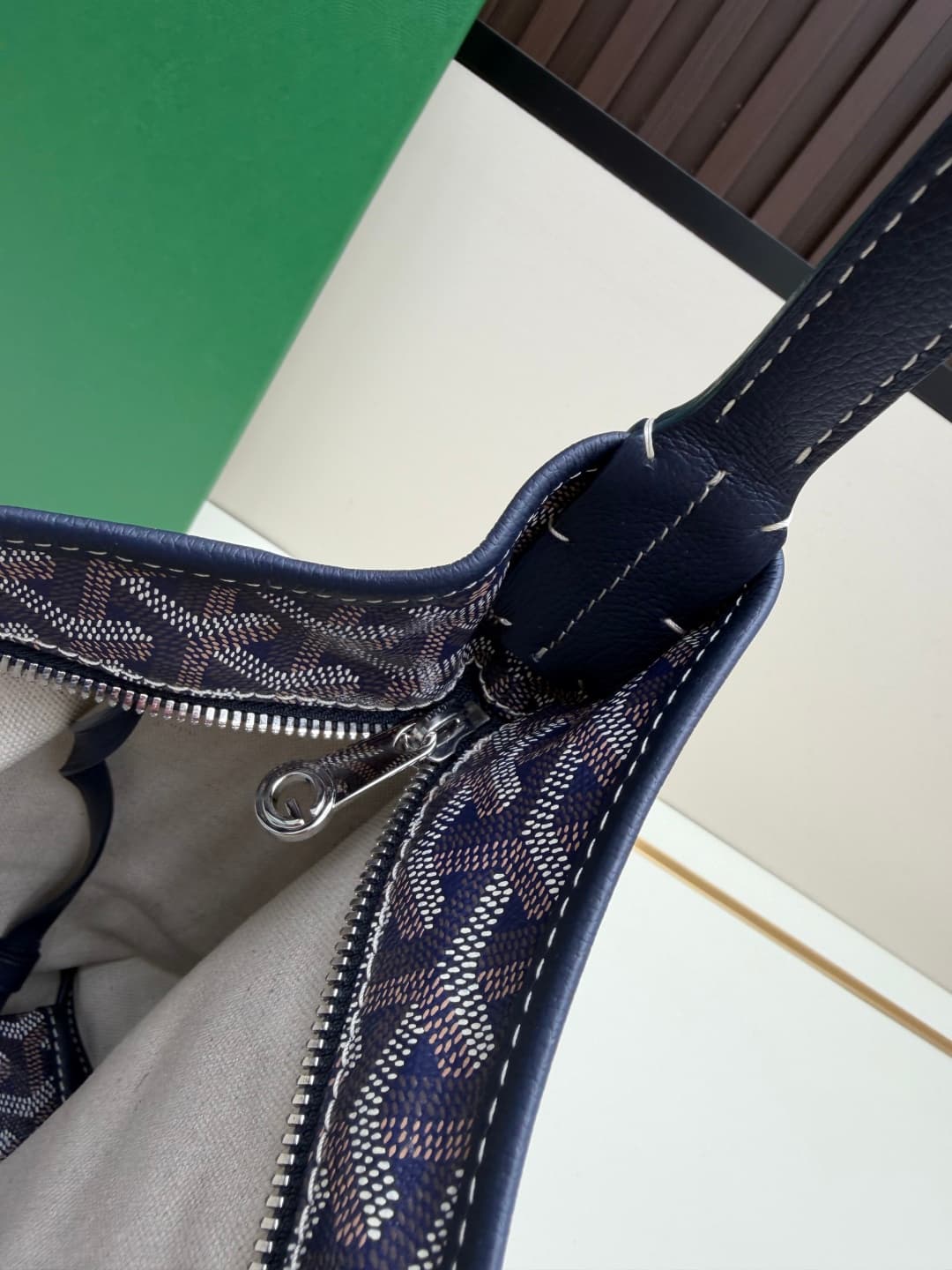 Goyard Bohème Navy Blue Hobo Bag Chevron Canvas and White Painted Mascot High