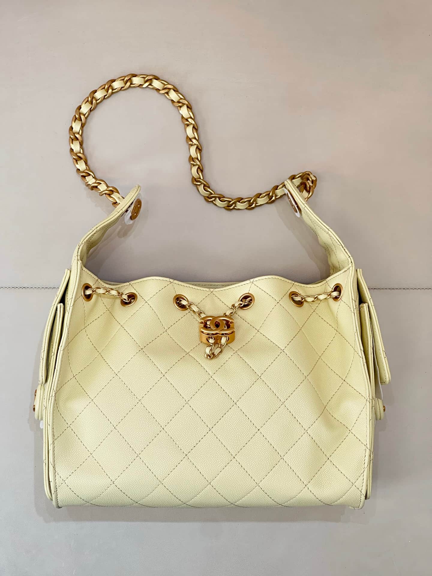 Chanel 25 Small Hobo handbag AS5293 Grained Calfskin & Gold-Silver-tone Metal Light Yellow TOP