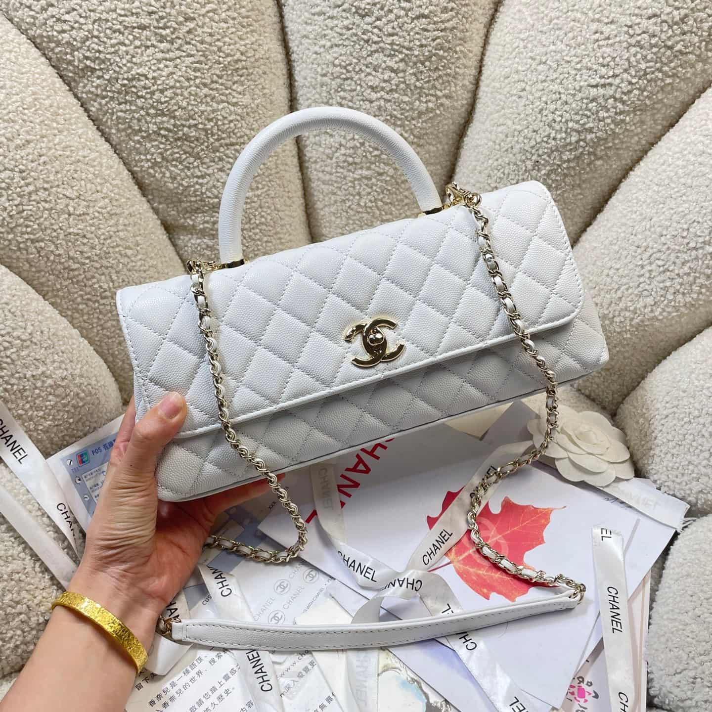 Chanel Maxi Flap Bag with Top Handle Grained Calfskin& Gold-Tone Metal AS6091 White A