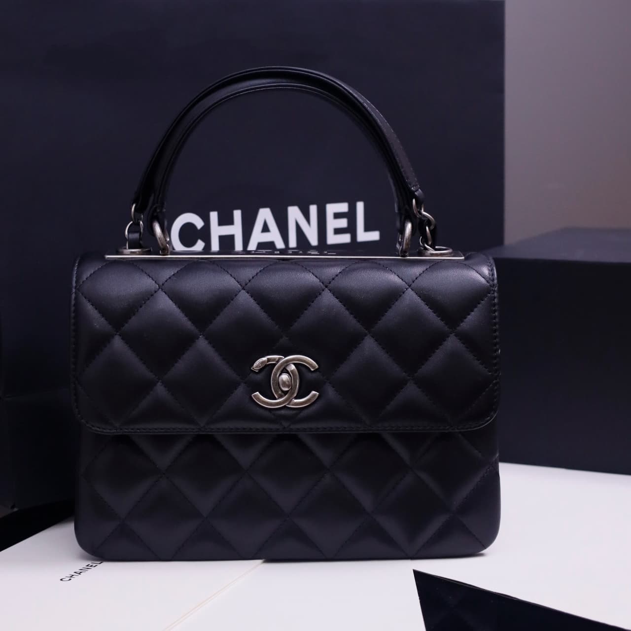 SMALL FLAP BAG WITH TOP HANDLE Lambskin Silver Metal Black A