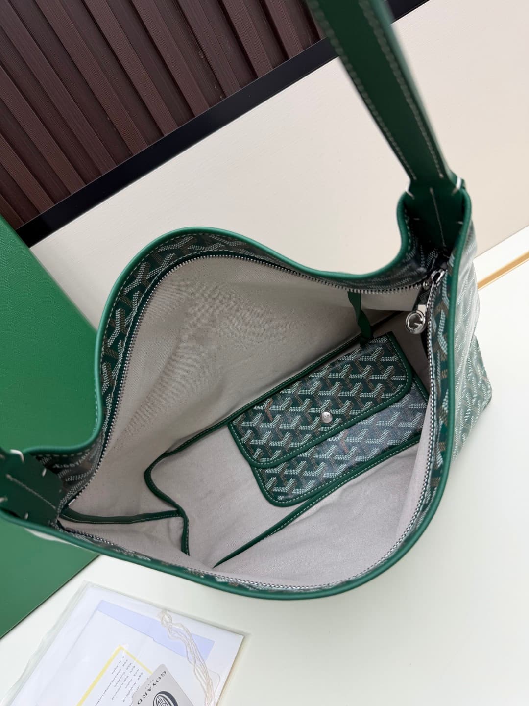 Goyard Bohème Green Hobo Bag Chevron Canvas and  White Painted Mascot High
