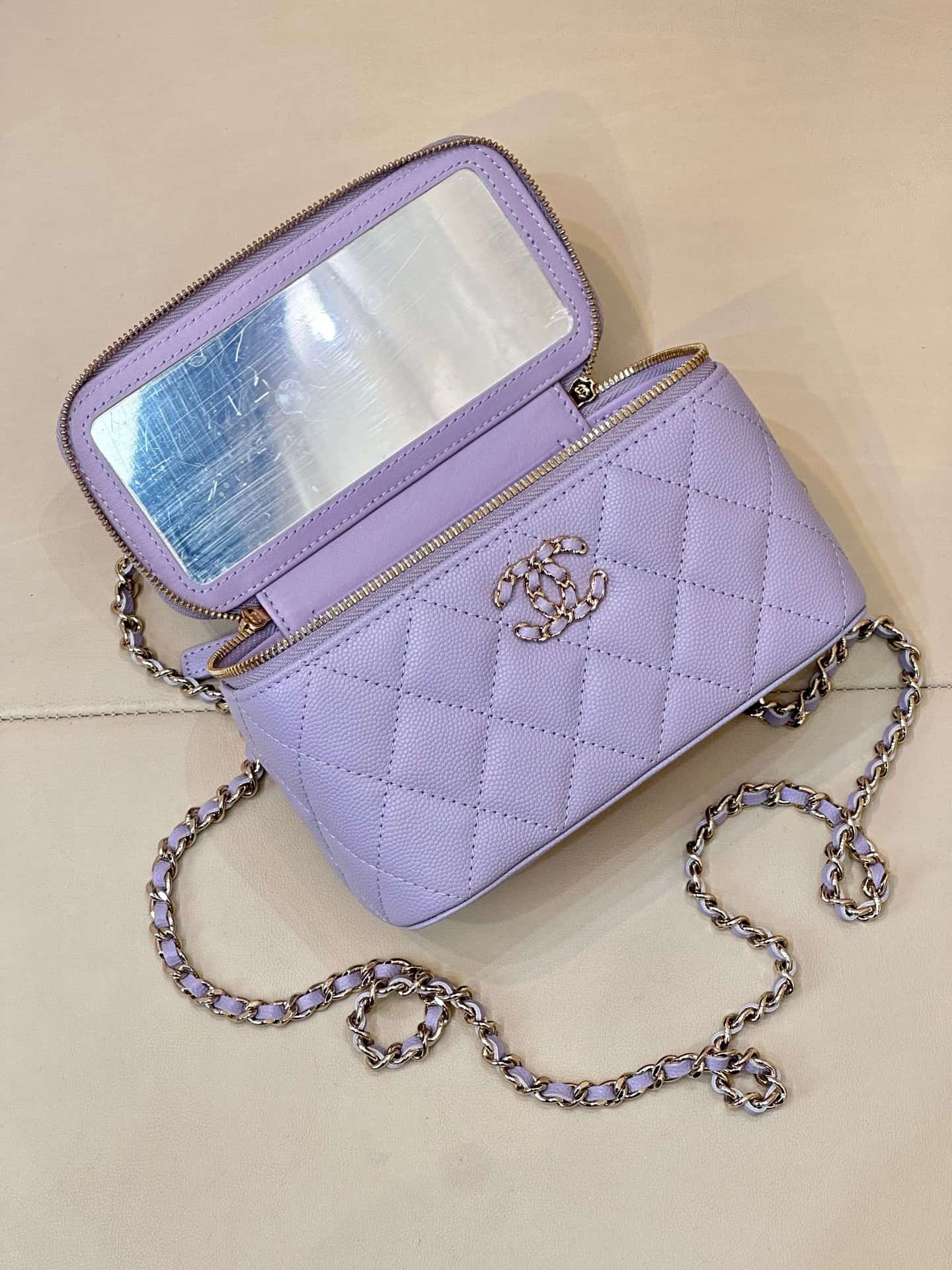 Chanel Classic Top Handle Vanity Case Grained Calfskin& Gold-Tone Metal Purple AP5182 TOP