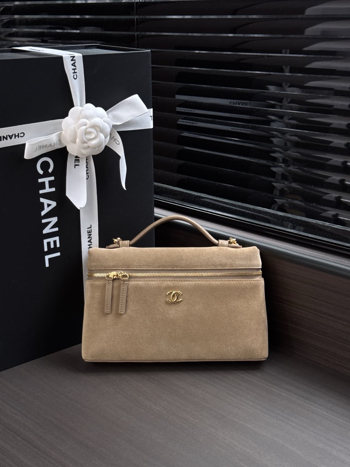Chanel Large Vanity with Chain Suede Calfskin & Gold Metal Beige AP5347 A