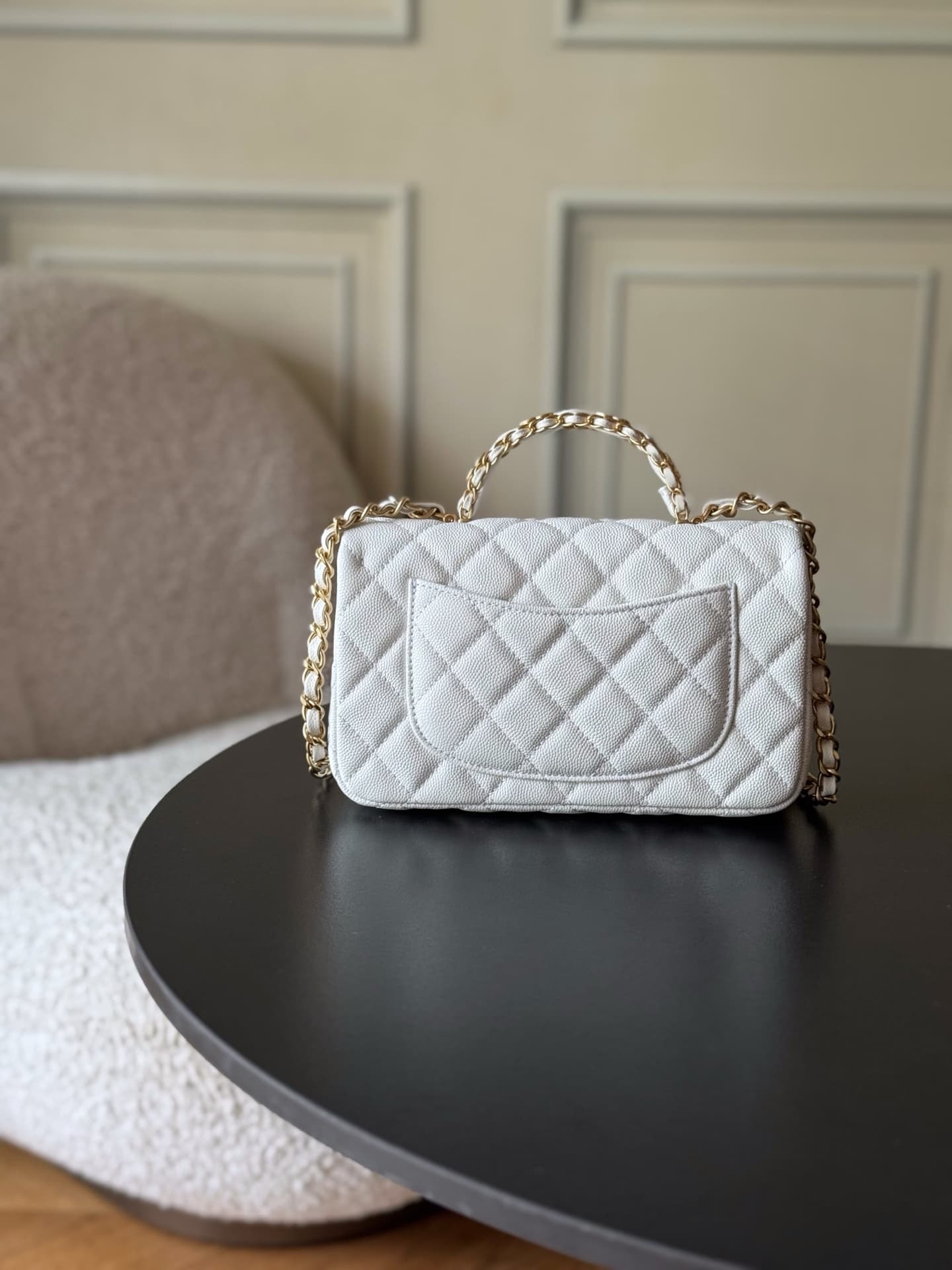 Chanel Mini Flap Bag with Top Handle Grained Shiny Calfskin & Gold-Tone Metal White AS5701 TOP