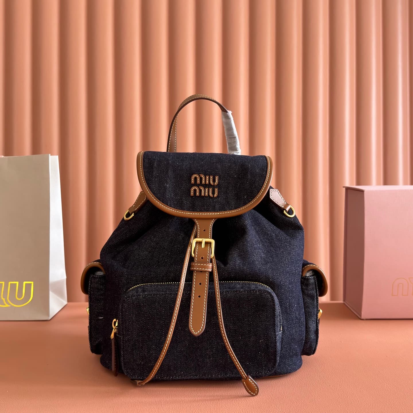 Miu Miu Blue/brandy Denim Backpack 5bz042 High