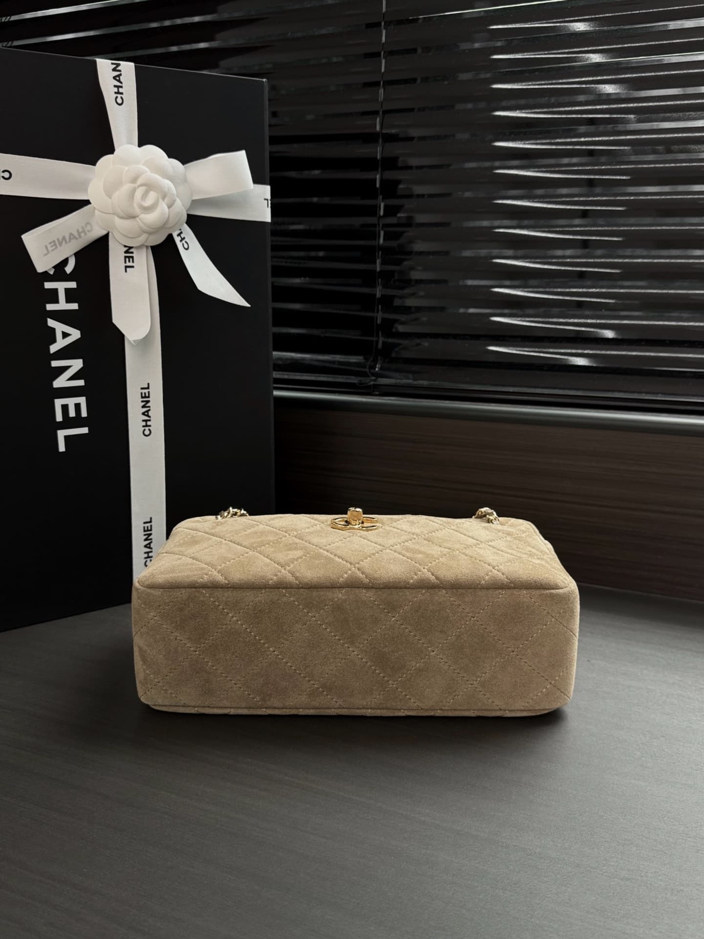 Chanel Maxi Camera Case Suede Calfskin & Gold Metal Dark Beige AS6443 A