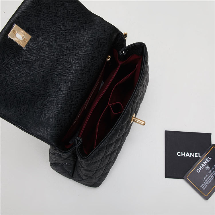 SMALL FLAP BAG WITH TOP HANDLE Grained Calfskin Black Gold Metal High