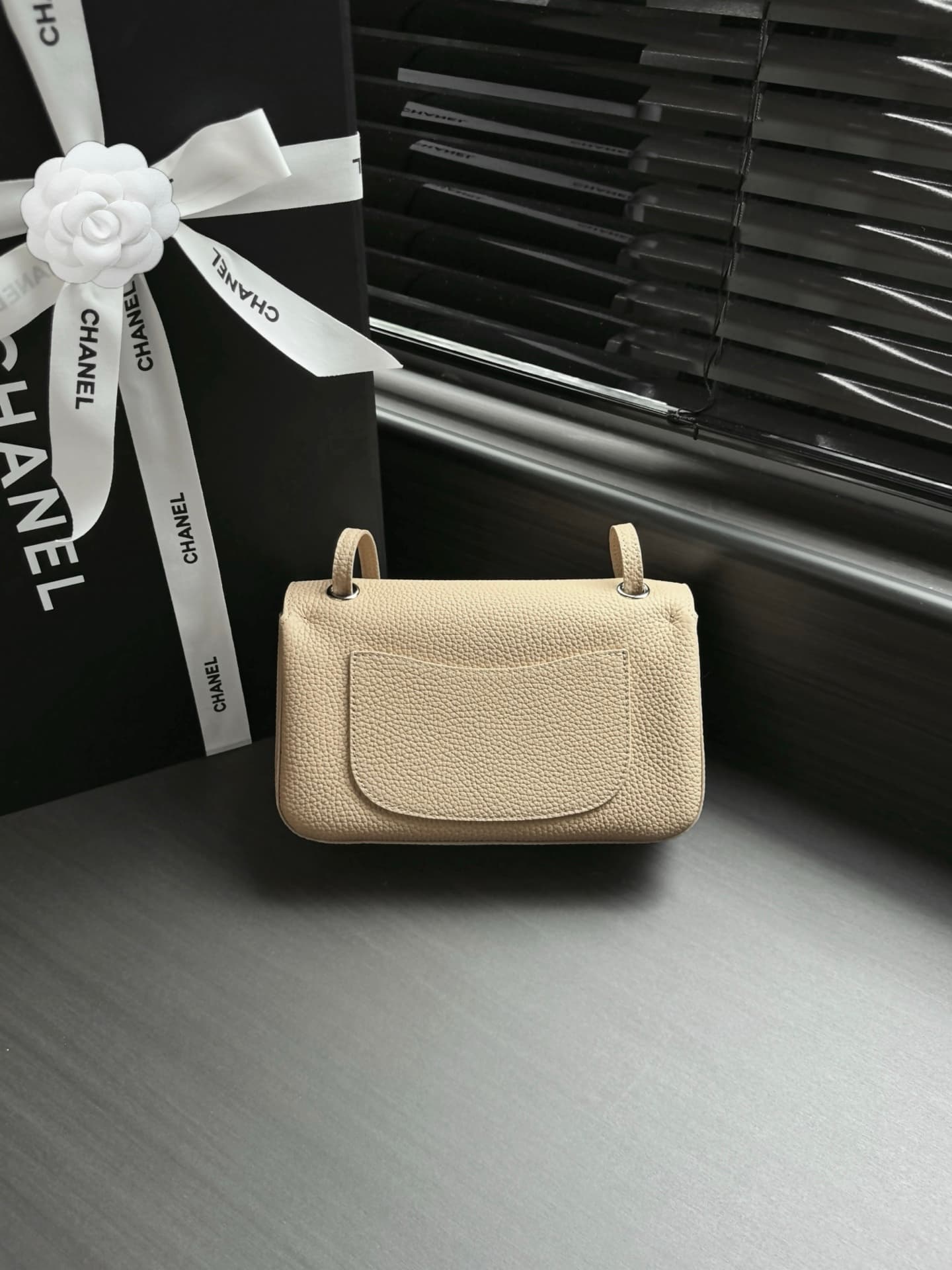 CHANEL Mini flap bag Grained Calfskin&Silver-tone metal Beige AS6573 A